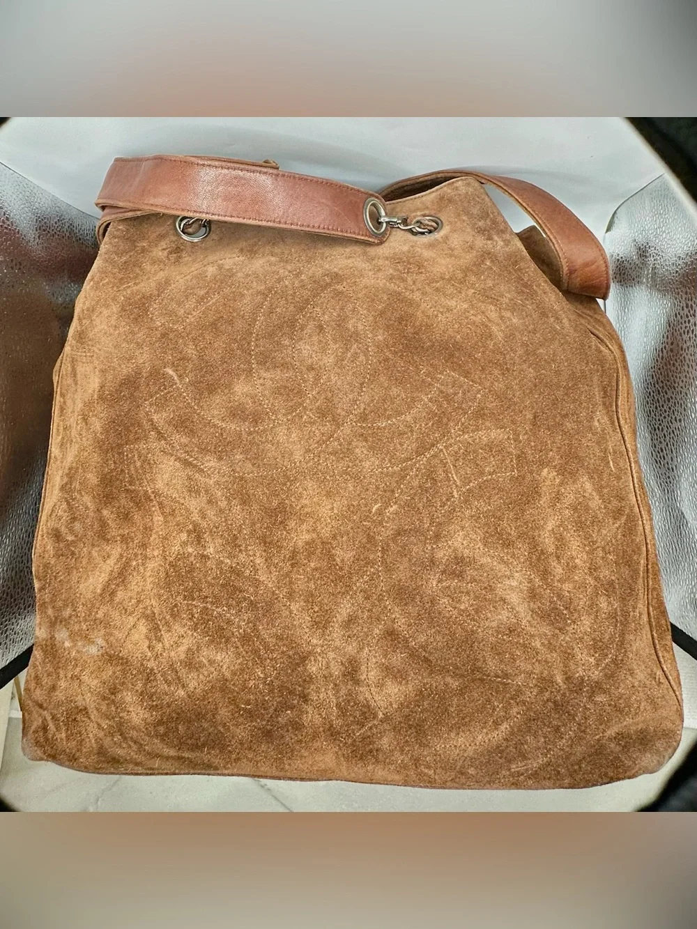 CHANEL Brown Suede Hobo Bag with Chain Handles and Tassle